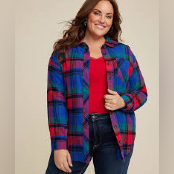 Maurices Cabin Plaid Boyfriend Tunic Button-Up Shirt - Blue and Red Size Medium - Picture 11 of 12